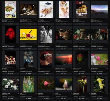 A gallery-style portfolio display showcasing a diverse collection of digital artworks including photography, AI art, and mixed media pieces with pricing in Tezos (tez) and edition details, supporting the post's promotion of available works on the Objkt marketplace.