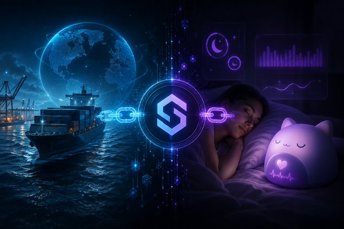 A digital illustration featuring a sleeping child on the right and a cargo ship on the left, connected by a blockchain symbol, with a glowing digital globe in the background.