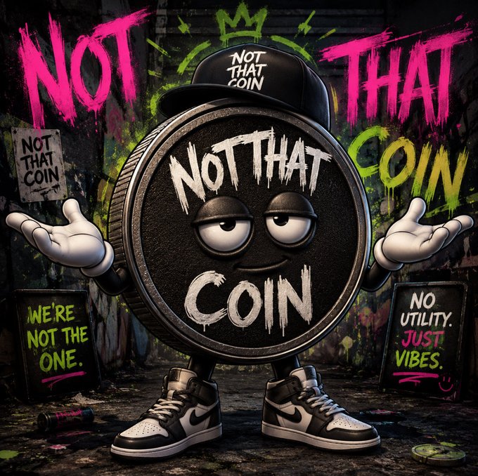 A cartoon coin character wearing a "NOT THAT COIN" snapback, Jordan 1 sneakers, and a bored expression shrugs in a graffiti-covered alley surrounded by slogans like "NOT THAT COIN," "WE'RE NOT THE ONE," and "NO UTILITY. JUST VIBES."—perfectly matching the post's self-aware, anti-hype memecoin marketing for $NotThatCoin on Pump.Fun.
