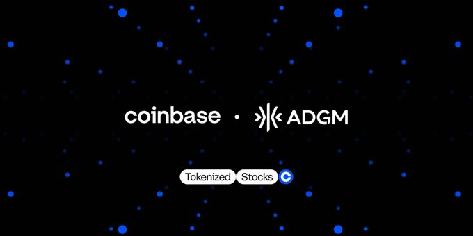 A promotional graphic on a black starry background showing 'coinbase • ADGM' partnership with 'Tokenized Stocks' labeled below.