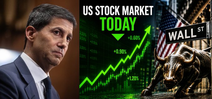 A YouTube thumbnail-style image featuring a man in a suit beside bold text 'US STOCK MARKET TODAY' with a green upward chart, the Wall Street Charging Bull statue, and an American flag.
