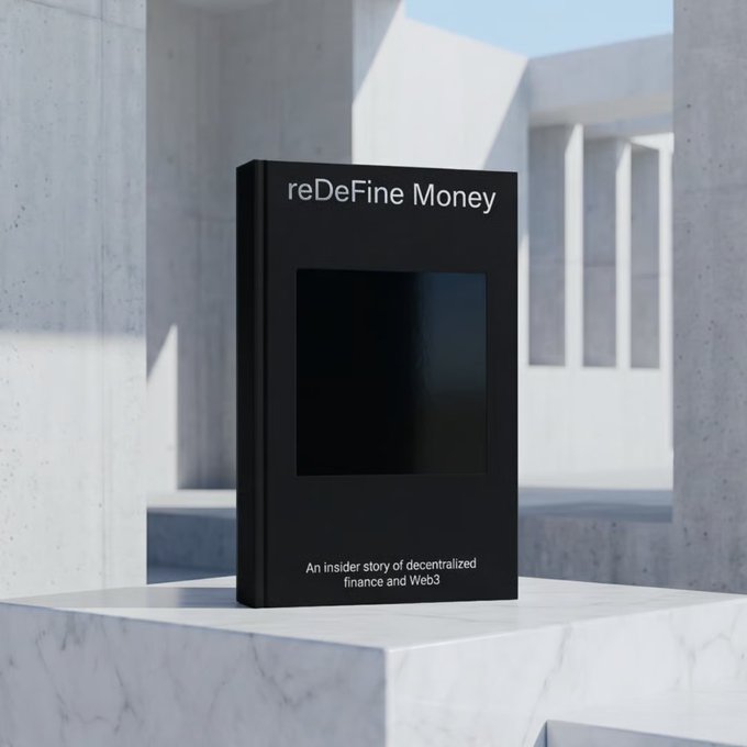 The image features a black book titled "reDeFine Money" placed on top of a white marble pedestal or stone block. The book appears to be an inside story of DeFi's past, which includes its origins as a group of 25 founders who built it from scratch and created the first-of-its-kind history of DeFi by @1inch. This post focuses on what is in the image and how it relates to the post, providing information about the book and its content.