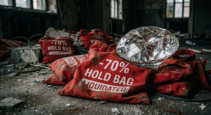 A large diamond resting on red bags labeled '-70% HOLD BAG LIQUIDATED' in what appears to be an abandoned, dilapidated room with broken windows.