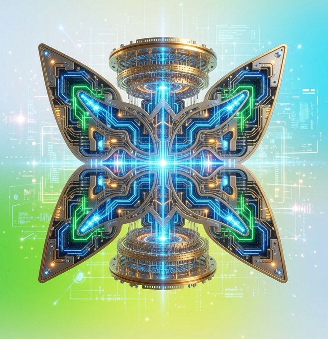 A glowing digital butterfly constructed from intricate circuit boards and neon blue-green pathways is flanked by two futuristic server-like towers, symbolizing technology and distributed infrastructure. The image visually represents QUIP's two-layer infrastructure concept, with the butterfly's symmetrical wings and dual towers mirroring the network's dual focus on security solutions and compute coordination for running nodes and contributing compute power.