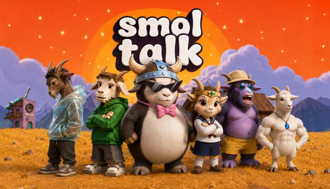 Promotional artwork for the "Smol Talk" podcast features a lineup of six anthropomorphic animal characters—including a horned brawler, a cat in a green hoodie, a sunglasses-wearing bull with a pink bow tie, a cheerful pony, a grinning purple gorilla, and a muscular goat—standing together against a sunset backdrop with the bold "smol talk" logo above them. The illustration visually represents the post's description of the podcast as a casual, friendly group of "buddies talking crypto," with the diverse, approachable animal mascots mirroring the laid-back, ego-free vibe the host describes.