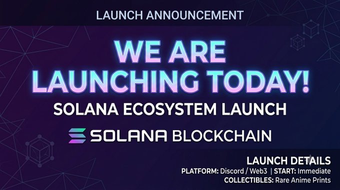 A launch announcement graphic for a Solana ecosystem release, featuring "WE ARE LAUNCHING TODAY!" in bold gradient text alongside the "SOLANA BLOCKCHAIN" logo. The image advertises immediate card trading on Shisui Bot via Discord/Web3, offering rare anime print collectibles to start building your ultimate collection.