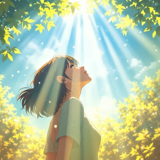 The image features a woman with long brown hair, wearing a green shirt, standing under a tree filled with yellow leaves against a blue sky. The sun shines brightly behind her, casting light onto her face as she looks up at the sky. The scene is set in an outdoor area where there are trees and bushes around her.