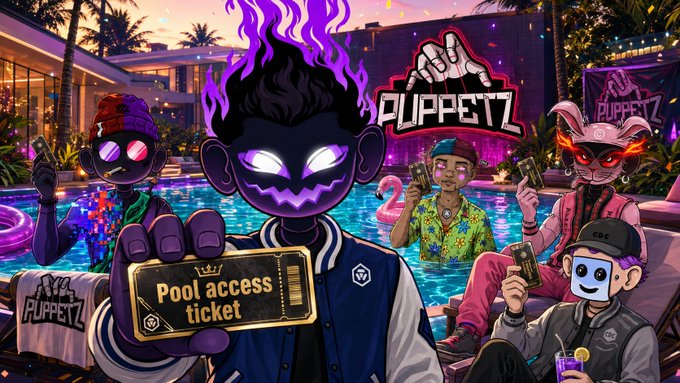 Promotional artwork for 'Puppetz' featuring cartoon characters in sunglasses at a pool party, with one holding a 'Pool access ticket' and purple flames rising in the background.