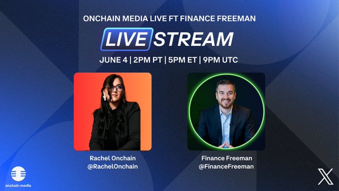 The image shows a live stream of two people talking about finance and media. The background has a blue gradient with white swirls that give it an artistic feel. There are two posts displayed, one at the top left corner and another at the bottom right corner. The posts have a caption that reads "Live Stream" followed by the names of the speakers: Rachel Onchain and Finance Freeman.