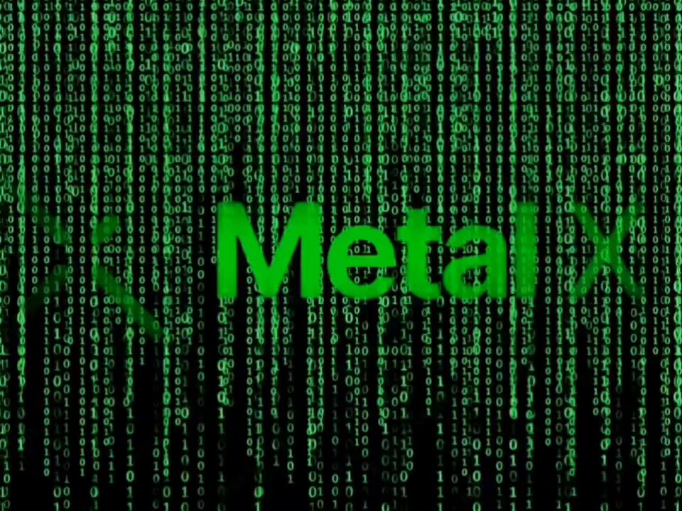 The image features a green word "Metal" written in white letters, surrounded by a grid of small square blocks with varying sizes and colors. The text "Metal X" is also present within this grid. The background of the image appears to be a computer screen or monitor displaying a lot of code or data. The overall theme suggests that the image might be related to programming or technology in some way, possibly discussing the concept of "code-based metals".