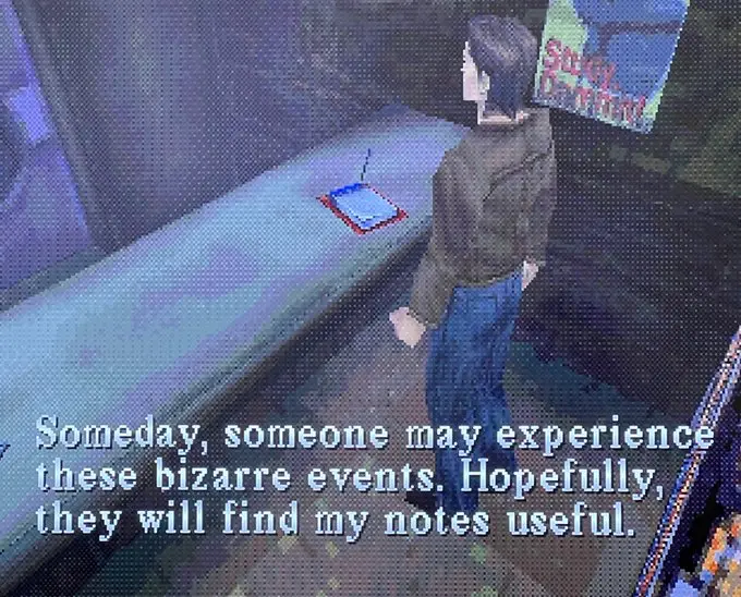 A character stands in a dim room looking at a book on a bench, with the on-screen text reading "Someday, someone may experience these bizarre events. Hopefully, they will find my notes useful."
