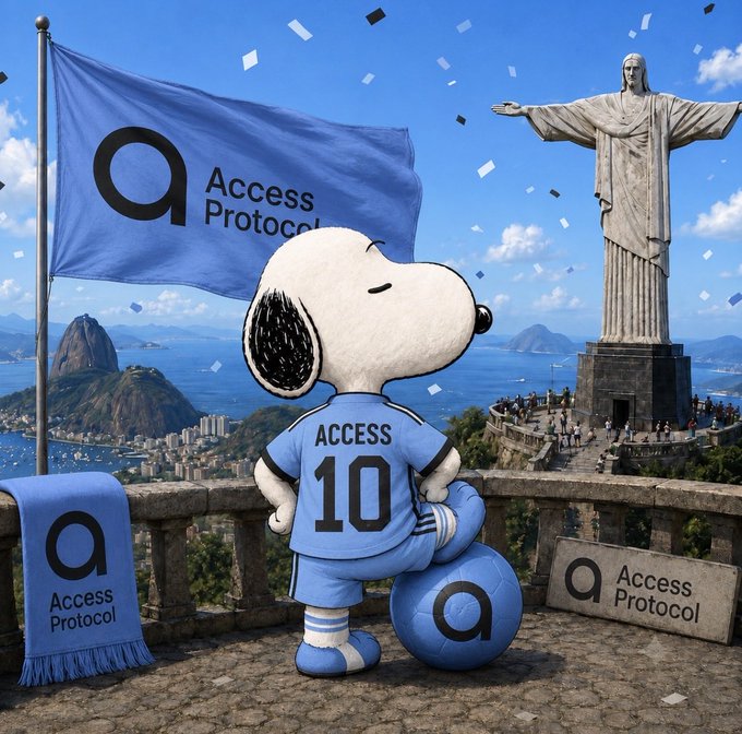 Snoopy stands atop Christ the Redeemer in Rio de Janeiro, wearing a light blue "ACCESS 10" jersey beside an "Access Protocol" flag and scarf, with confetti falling around him—symbolizing Access Protocol's worldwide reach and the excitement of their AMA replay, encouraging the community to "Keep Accessing Everyday!"