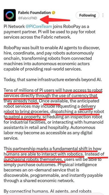 A screenshot of a Fabric Foundation (@FabricFND) Twitter/X post announcing that Pi Network (@PiCoreTeam) has joined RoboPay as a payment partner, enabling tens of millions of Pi users to pay for robot services such as grocery delivery, security patrol, and facility inspection using Pi currency. The highlighted text emphasizes on-demand robot services payable through Pi as a fundamental shift in human-robot interaction.