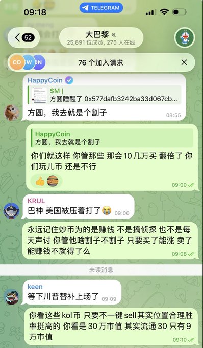 A Telegram chat in the "大巴黎" group (25,891 members) where users discuss meme coins like HappyCoin ($MI) and share cynical takes about crypto trading, with messages complaining about being "sliced up" by flippers and warning against blindly buying tokens with 30万 market cap that only have 9万 actual liquidity—matching the poster's venting about superficial crypto bros ignoring fundamentals.