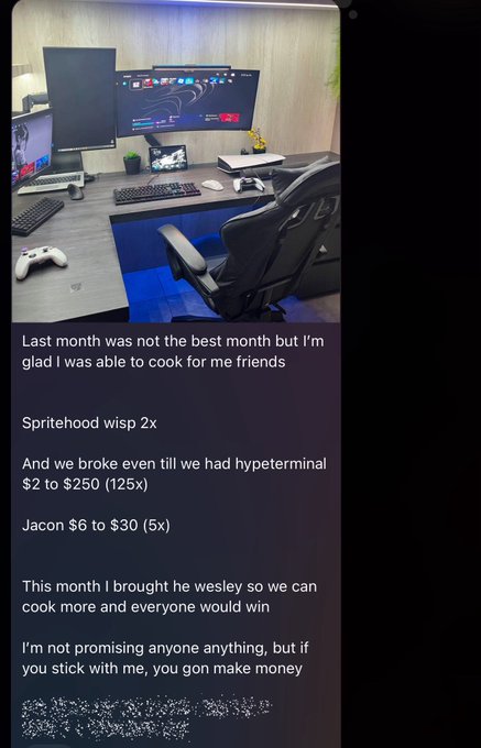 A social media post showing a gaming setup with dual monitors and an ergonomic chair, accompanied by text discussing monthly trading results, mentioning 'Spritehood wisp 2x,' 'hyperterminal $2 to $250 (125x),' and 'Jacon $6 to $30 (5x).'