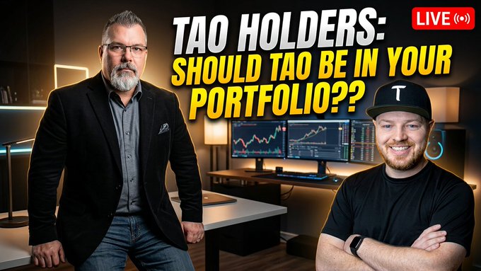 A YouTube thumbnail titled 'TAO HOLDERS: SHOULD TAO BE IN YOUR PORTFOLIO??' marked as LIVE, featuring two men in a trading office setting with charts on monitors.