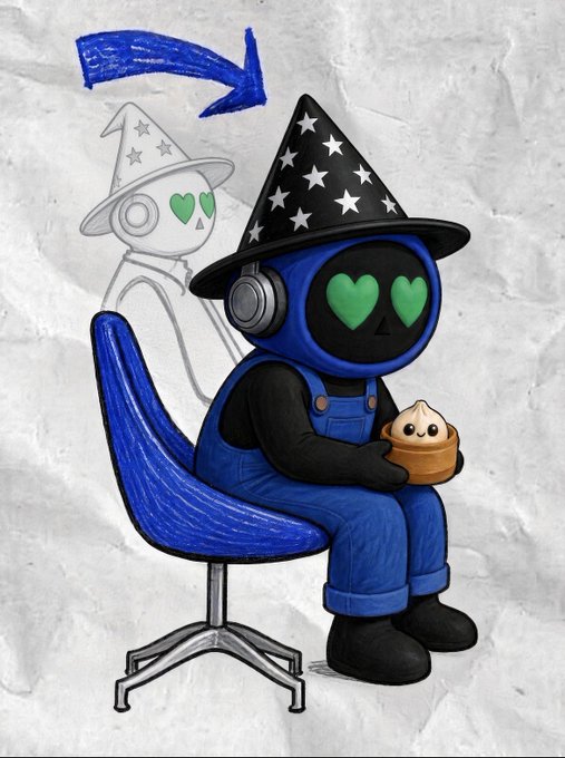 An artistic illustration depicts a blue and black robot character wearing a star-patterned wizard hat with green heart eyes, sitting on a chair and holding a small cute creature, with an arrow pointing from a faded sketch outline to the completed artwork.