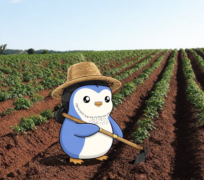 A cartoon penguin in a straw farmer's hat and overalls works a hoe in long rows of a cultivated field under a clear sky, visually reinforcing the post's "trenches" metaphor about weathering persistent losses while the market shows temporary weekend green.
