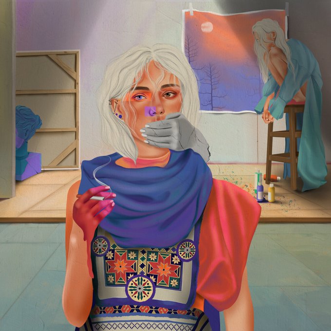 The image features a woman with white hair wearing a blue dress, holding a cigarette and standing next to a painting of a tree. The painting has a purple background that contrasts with the blue dress. In the background, there are two other people present - one person is sitting on a stool while another person is standing behind them. The image also contains text that reads "Collaboration on @objktcom created by @Mahsa_se_nft and @Sneketoshi" and "Self-Portrait of an Artist".