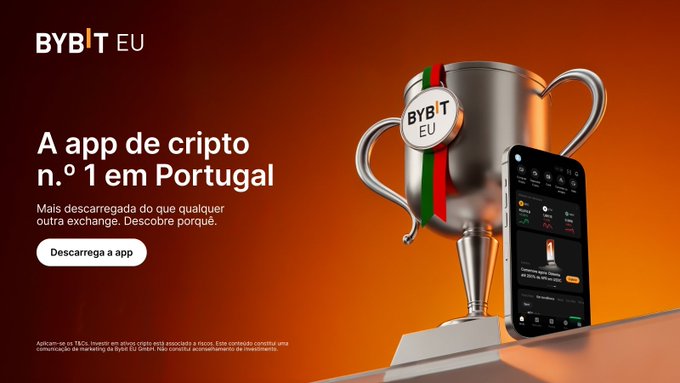 An orange advertisement for BYBIT EU featuring a silver trophy and a smartphone, with Portuguese text reading 'A app de cripto n.º 1 em Portugal' and a 'Descarrega a app' button.