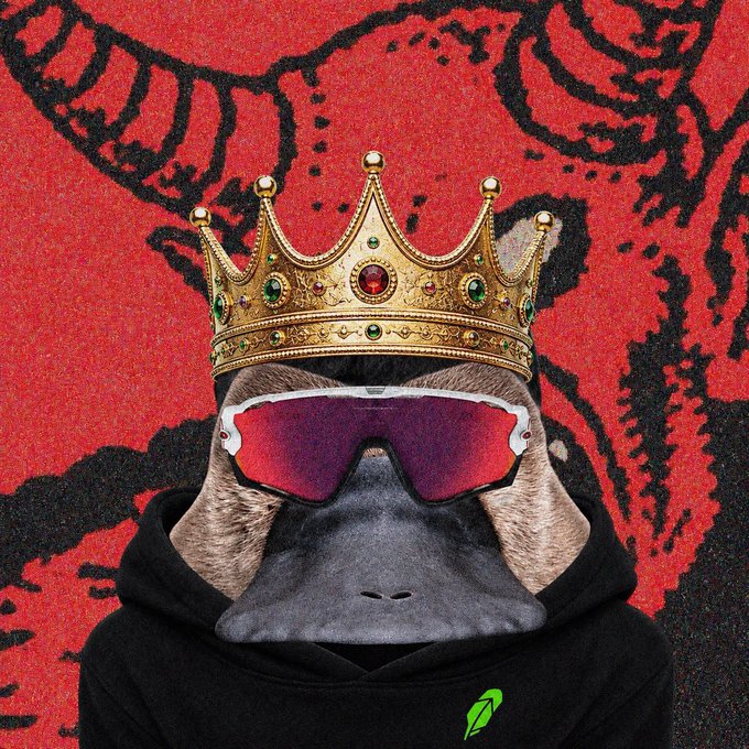 A stylized image of a monkey wearing a golden crown and reflective pink sunglasses, dressed in a black hoodie with a small green leaf logo, set against a red and black textured background.