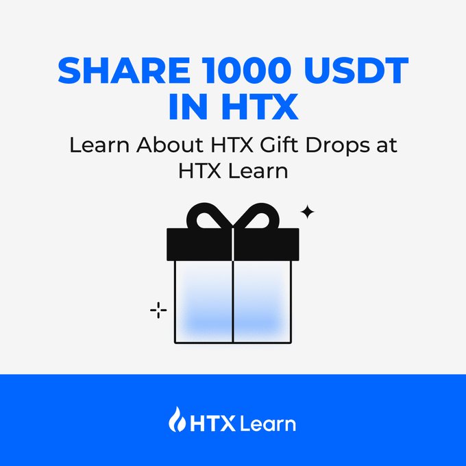 A promotional graphic announcing a giveaway of 1000 USDT through HTX Gift Drops, with text reading "SHARE 1000 USDT IN HTX — Learn About HTX Gift Drops at HTX Learn" alongside a blue gift box illustration and the HTX Learn logo, complementing the post's message about earning crypto rewards through learning with @HTXAcademy.