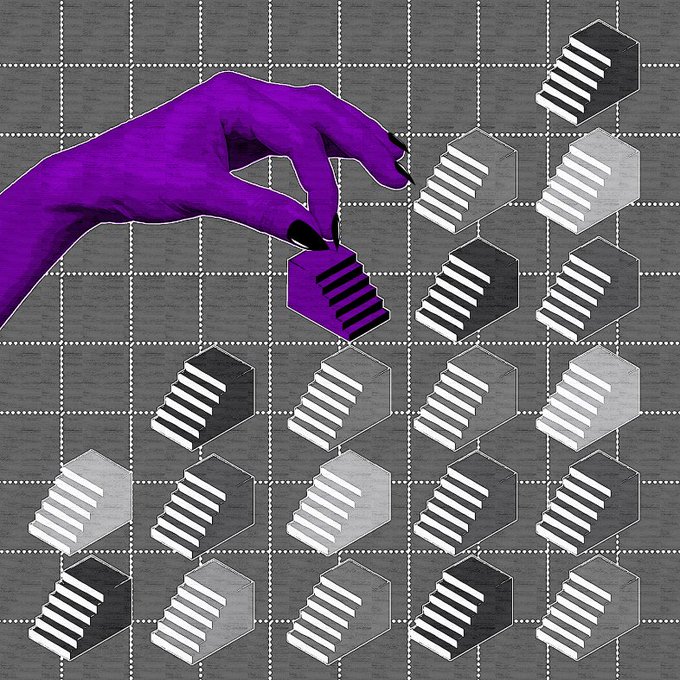 A surreal collage features a purple hand placing a purple hexagonal piece among grayscale geometric shapes arranged on a checkered grid background.