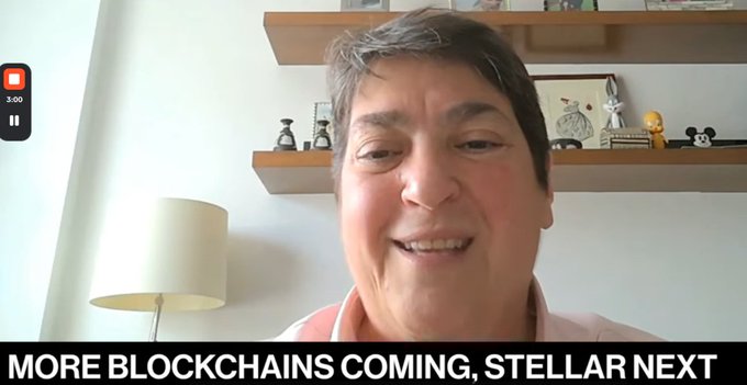 A smiling man appears in a video call setting with a banner reading "MORE BLOCKCHAINS COMING, STELLAR NEXT," which aligns with the post's bullish discussion about Canton Network being a leading blockchain choice for DTCC customers, highlighting $CC's potential.