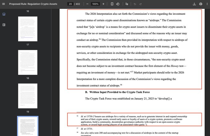 A document viewer showing page 20 of a 'Proposed Rule: Regulation Crypto Assets' document, with text discussing airdrops and the Crypto Task Force highlighted in red boxes.