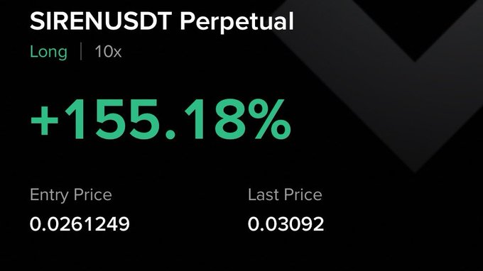 A trading screenshot displays a SIRENUSDT Perpetual long position at 10x leverage showing a +155.18% gain, with an entry price of 0.0261249 and last price of 0.03092, accompanying a post celebrating the profitable trade and promoting an X subscription for more trade alerts.