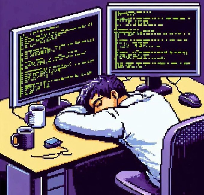 The image features a man sleeping at his desk with two computer monitors, one of which has green text on it. There are also two keyboards and a mouse visible on the desk. The post "Gn degens" seems to be related to this scene as it is likely that the man was working on a project or task using the computers while taking a break by sleeping at his desk.