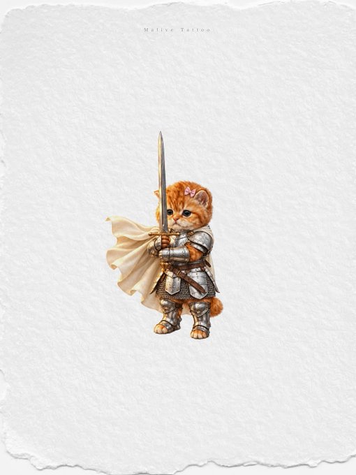 A digital illustration on textured paper labeled 'Molive Tattoo,' showing a cute orange kitten dressed as a knight in armor, holding a sword and wearing a cream-colored cape.