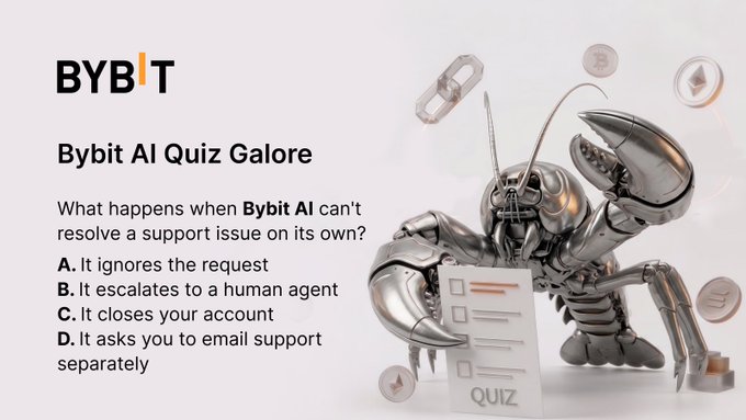 The image promotes the "Bybit AI Quiz Galore" featuring a 3D robotic lobster holding a quiz clipboard alongside floating crypto coins. It displays a Day 7 quiz question asking what happens when Bybit AI can't resolve a support issue, with answer choices listed. The post connects by instructing users to follow @BybitAfrica, retweet, and submit answers using #BybitAIQuiz.