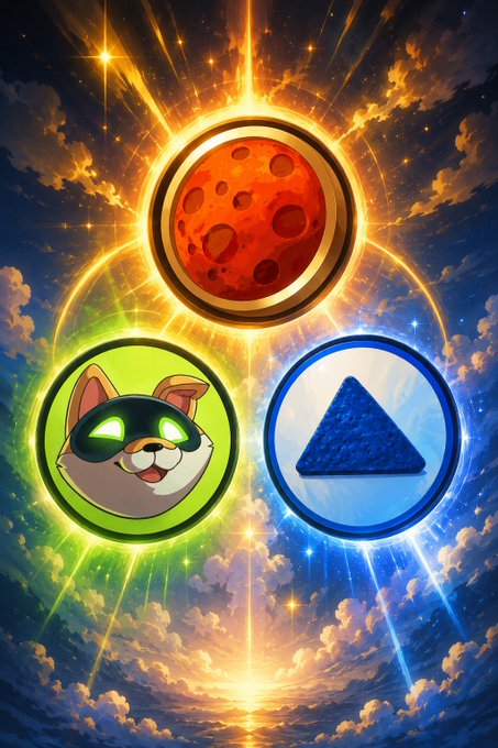 A cat meme mascot coin and a triangle logo token flank a glowing red planet against a cosmic, heavenly backdrop, visually framing the two crypto gems being weighed as a "barbell" portfolio bet.