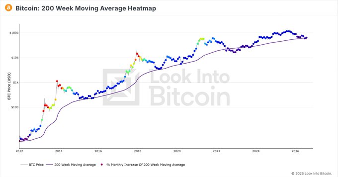 A Bitcoin 200-week moving average heatmap chart from Look Into Bitcoin (dated 2026) showing BTC price in USD on a logarithmic scale from 2012 to 2026, with colored dots representing monthly increases and a line tracking the 200-week moving average currently near $70k. The chart supports the post's observation that BTC has been accumulating and trading sideways around the 200-week moving average for an extended period.