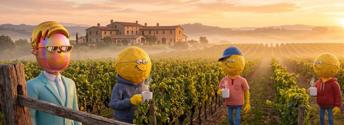 Four anthropomorphic yellow sponge-like characters stand in a sunlit vineyard, holding coffee cups, with a colorful-faced man in sunglasses leaning on a fence in the foreground.