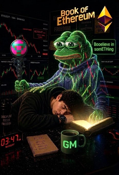 A weary trader slumps over an open book under the watchful, glitchy gaze of a ghostly Pepe the Frog, surrounded by candlestick charts on BTC/USDT-Binance, an Ethereum logo, and crypto mantras like "Boobelieve in somETHing," "Discipline, Focus, Freedom," and a "GM" mug—visually echoing the post's message that conviction, not hype, fuels the green-chart climb.