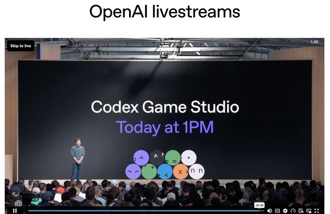 An OpenAI livestream screen showing 'Codex Game Studio Today at 1PM' with a presenter on stage.