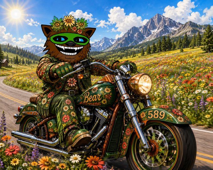 A smiling bear wearing floral headwear and a flower-patterned jacket rides a green motorcycle adorned with matching florals and the words "Bear" and "589," cruising through a sunlit mountain meadow surrounded by wildflowers. The vibrant, freedom-filled imagery captures the post's message of calm strength, gratitude, and rolling forward with the $BEAR community into a new week.