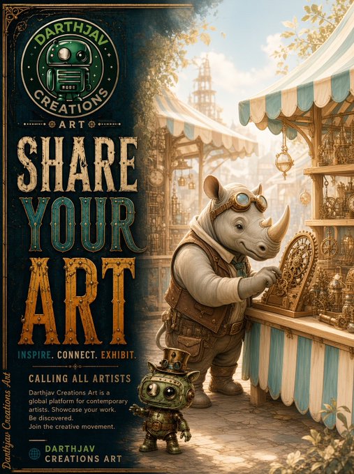 A steampunk-themed promotional poster titled 'SHARE YOUR ART' for 'Darthjav Creations Art' featuring a rhinoceros in goggles working at a gear-filled stall.
