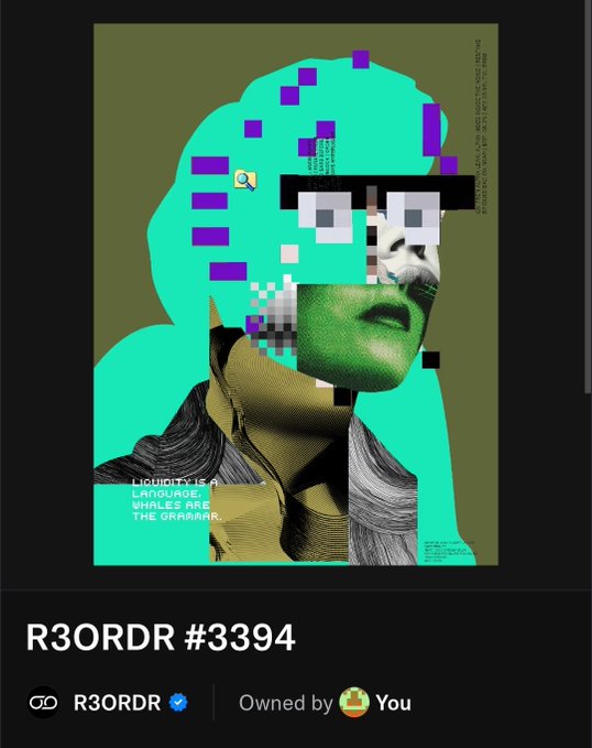 In the image, a digital art piece is displayed that is worth 0.23. The poster has a green face with purple eyes drawn over a person's head wearing glasses. Above this, there is text stating "My R3ORDR! @R3ORDR is cooking Floor price now $0.23".