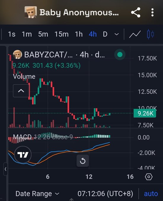 A stock trading chart for BABYZCAT showing a price of 9.26K with a +3.36% increase, displaying candlestick patterns and MACD indicators on a 4-hour timeframe.