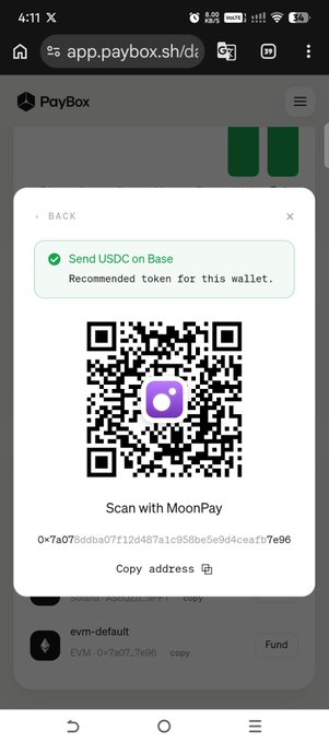 A smartphone screenshot of the PayBox app (app.paybox.sh) displaying a QR code for 'Send USDC on Base' with the option to 'Scan with MoonPay'.