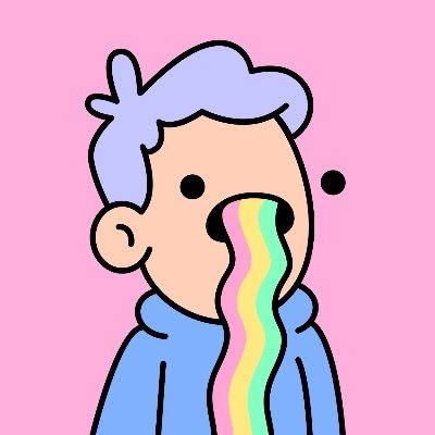 The image features a cartoon character, possibly a boy or a man, with purple hair who appears to be in an abstract style drawing. The figure has a colorful mouth, creating a sense of whimsy or artistic expression. Above the character, there is a caption that seems to provide context for the artwork or relate it to a specific post. However, without more information about this caption, we cannot accurately connect the image's content to the provided post.