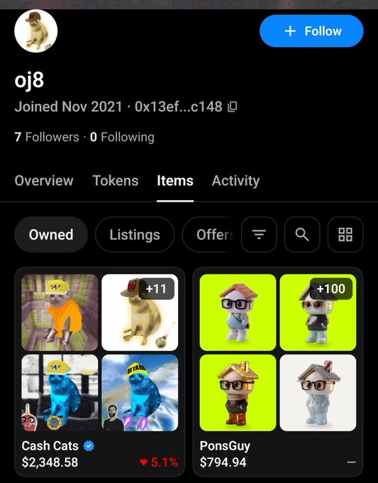 A profile screenshot of user "oj8" showing their NFT portfolio on the Items tab, featuring Cash Cats valued at $2,348.58 (down 5.1%) and PonsGuy holdings valued at $794.94. The image supports the post's claim by visually displaying the user owns 11 Cash Cats NFTs and 100 PonsGuy NFTs, illustrating the recent sweep of PonsGuy NFTs referenced in the accompanying commentary.