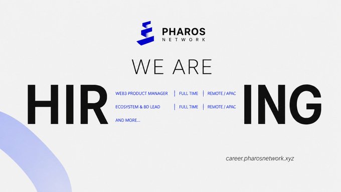 The image is a job recruitment advertisement from Pharos Network announcing they are "HIRING" for positions including Web3 Product Manager and Ecosystem & BD Lead (full-time, remote, APAC region), directing applicants to career.pharosnetwork.xyz. The accompanying post ties this hiring announcement to broader crypto market conditions, emphasizing Pharos Network's growth momentum despite bearish market sentiment.