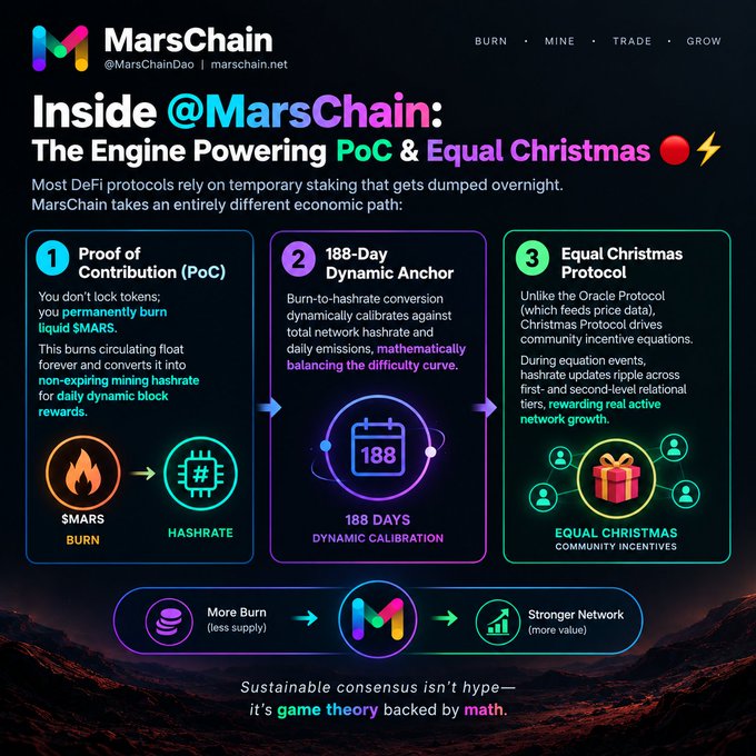 An infographic for MarsChain (@MarsChainDao | marschain.net) titled "Inside @MarsChain: The Engine Powering PoC & Equal Christmas" explains three features: Proof of Contribution (PoC), 188-Day Dynamic Anchor, and Equal Christmas Protocol.