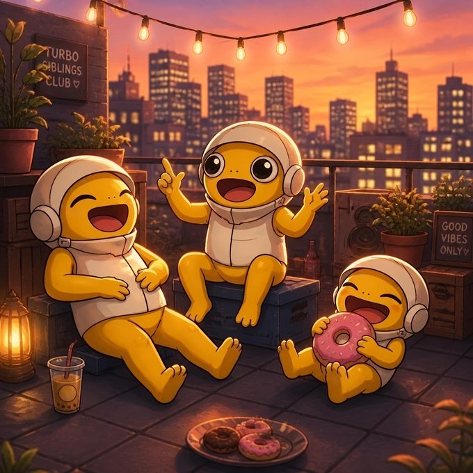 A cartoon illustration shows three smiling yellow characters wearing white outfits and headphones hanging out on a rooftop at sunset, with signs reading 'TURBO SIBLINGS CLUB' and 'GOOD VIBES ONLY', string lights overhead, and donuts and bubble tea nearby.