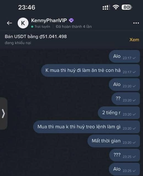 The image shows a Vietnamese Telegram chat with user "KennyPhanVIP" posting in a P2P USDT trading group, where the conversation reveals suspicious activity with the user giving vague responses like "Alo," "??," and "Mất thời gian" (waste of time) when confronted about a completed 51,041.498 USDT payment for Tether, illustrating the alleged order withholding scam mentioned in the post.