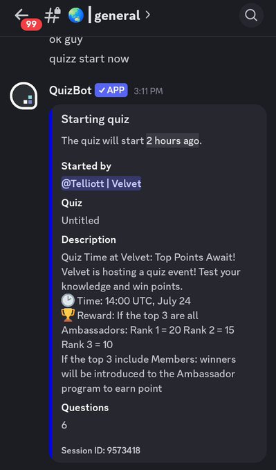 A Telegram chat screenshot in the #general channel shows a 'QuizBot' message announcing a quiz event hosted by @Telliott | Velvet, starting at 14:00 UTC on July 24 with 6 questions.